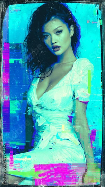 Fototapeta An edgy image blending glamour and digital distortion, showcasing a strong female figure with a captivating stare.