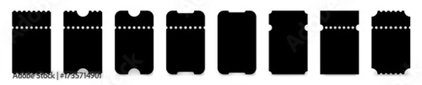 Fototapeta Set of black ticket mockups with ruffle edges and shadows. Small vertical empty templates. Concert, movie or theater ticket. Boarding blank, lottery, sale coupon	