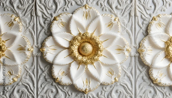 Fototapeta Decorative Ornamental Flower with Gold Accents on Intricate White Ceiling Panel