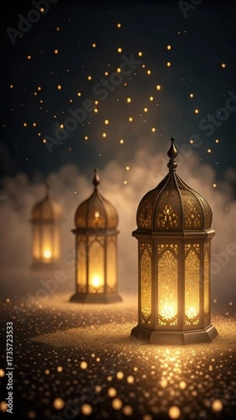 Fototapeta Glowing islamic lanterns illuminate a mystical night scene with scattered lights and atmospheric haze