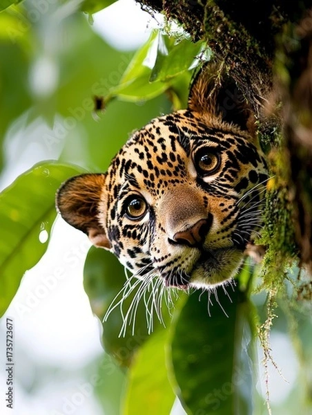 Fototapeta Curious Jaguar Cub Peeking from Rainforest Canopy