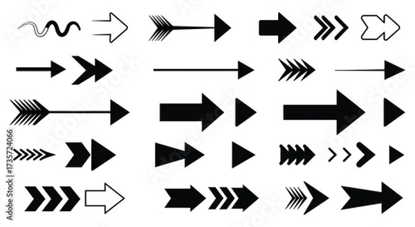 Fototapeta Collection of various black arrow designs and shapes in a line
