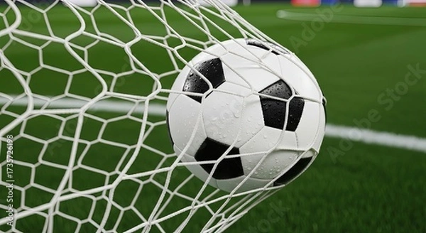 Fototapeta A soccer ball is caught in the net, the ball is white with black spots, the net is white, and the background is green grass and blue wall, a perfect goal moment