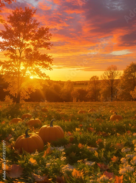 Fototapeta Autumn harvest scene with scattered pumpkins resting on lush grass in a wide field. Framed by golden tree and a dramatic sunset sky. Warm light reflects on the pumpkins with soft shadows. High quality