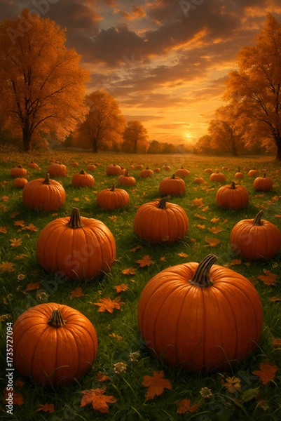 Fototapeta Autumn harvest scene with scattered pumpkins resting on lush grass in a wide field. Framed by golden tree and a dramatic sunset sky. Warm light reflects on the pumpkins with soft shadows. High quality