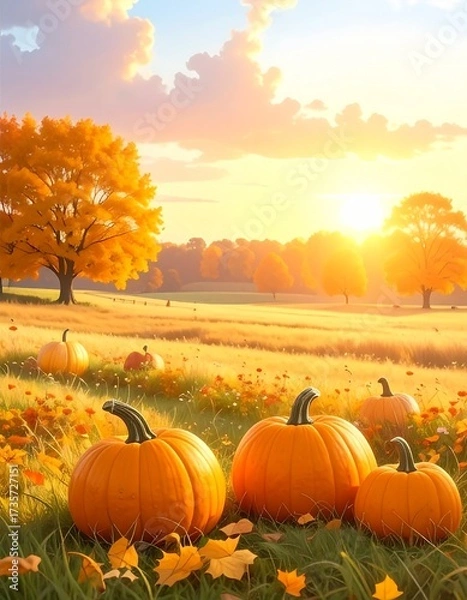 Fototapeta Autumn harvest scene with scattered pumpkins resting on lush grass in a wide field. Framed by golden tree and a dramatic sunset sky. Warm light reflects on the pumpkins with soft shadows. High quality