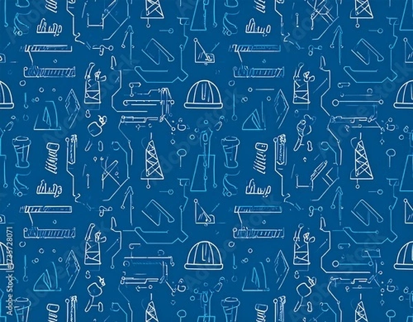 Fototapeta An illustrated design, a blue backdrop filled with white line drawings of industrial objects. Including objects such as a drill, and other industrial tools