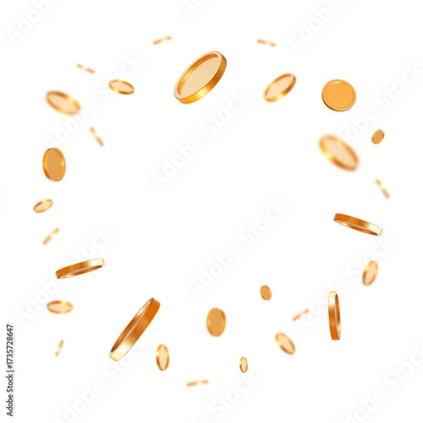 Fototapeta 3d flying gold shiny coins on white isolated background. Square format. Rich or casino luck concept. Precious expensive treasure. Stock vector illustration.