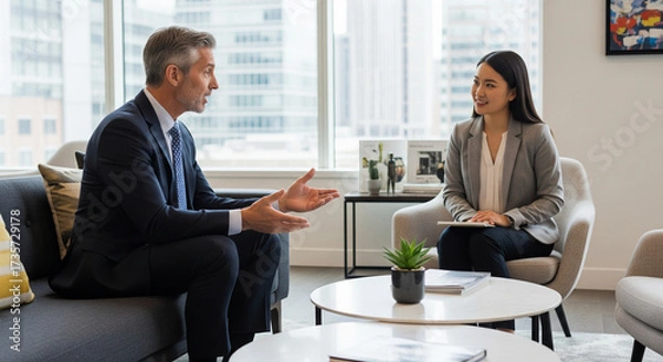 Fototapeta  An experienced male business leader (50s) is offering guidance to a younger, diverse professional (20s) in a modern office lounge area. Their body language is open and supportive.