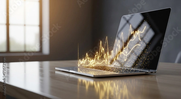 Fototapeta  A subtle, upward-trending financial graph made of shimmering light, emanating from a modern laptop screen. The screen is on a clean desk, and the background is a soft, professional blur.