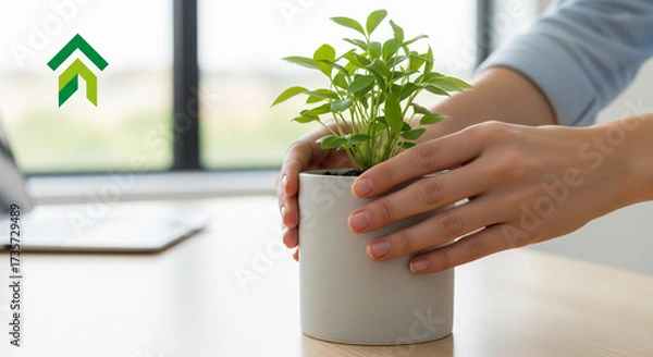 Fototapeta : A close-up of a person's hands placing a small, vibrant green plant into a minimalist pot on a clean desk. A blurred office environment or a subtle logo representing sustainability is in the backgro