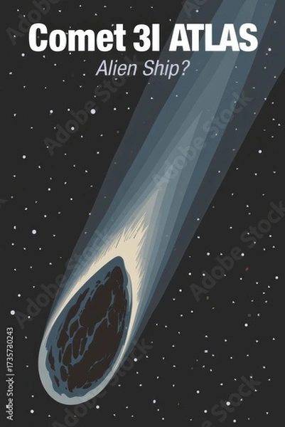 Fototapeta Vintage poster: comet with text Comet 3I ATLAS Alien Ship?, styled like classic sci-fi print. Ideal for retro posters, conceptual artwork, themed interiors, or editorial design. Worn paper textures