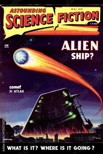 Fototapeta Retro magazine cover style: comet and Alien Ship? 3I ATLAS headline. Perfect for retro posters, editorial mockups, gallery walls, or brand concepts. Aged print textures and simple geometry convey