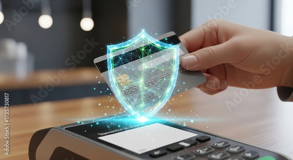Fototapeta  A close-up of a person's hand holding a credit card over a POS terminal, with a glowing, abstract security shield icon protecting the transaction. Clean, modern background.