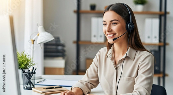 Fototapeta  A friendly female customer service representative (20s-30s) wearing a headset, smiling warmly at a blurred screen (implying a customer interaction). Her workspace is clean and organized.