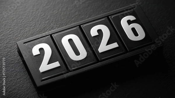 Fototapeta Close-up of retro black flip clock displaying white numbers "2026", symbolizing countdown to the New Year, passage of time, fresh beginnings and planning for the future, minimalist vintage style