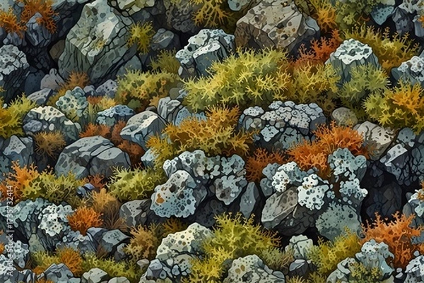 Fototapeta This is an aerial view of a rocky terrain. The surface is covered with patches of lichen, creating a textured and colorful landscape. The photo captures the natural beauty from above.