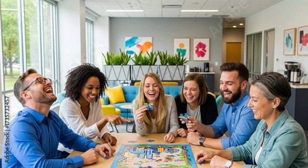Fototapeta  A diverse team of five professionals (20s-40s) laughing together while participating in a light team-building activity (e.g., a puzzle, a quick game) in a cheerful office common area .