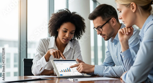 Fototapeta  A diverse group of three business professionals (30s-40s) intensely focused around a tablet displaying a financial report, with one pointing to a key figure. They are in a sleek, modern boardroom wit