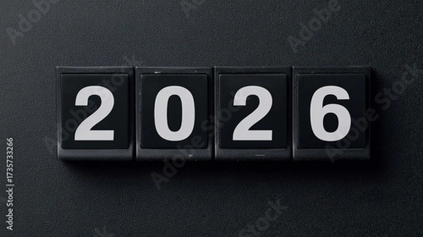 Fototapeta Close-up of retro black flip clock displaying white numbers "2026", symbolizing countdown to the New Year, passage of time, fresh beginnings and planning for the future, minimalist vintage style