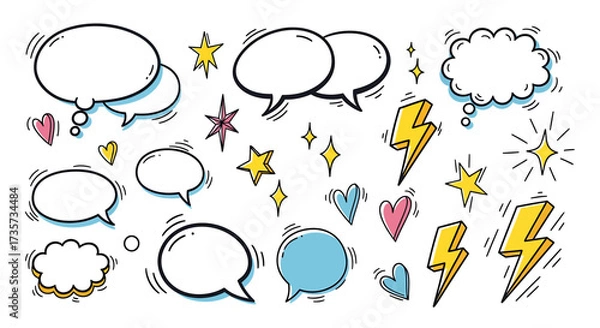 Fototapeta A collection of hand-drawn comic book style speech bubbles, stars, hearts, and lightning bolts.