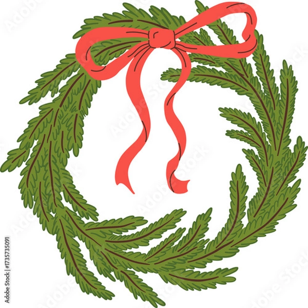 Obraz Cartoon Christmas wreath with red bow ribbon vector illustration. Hand draw Xmas garland.