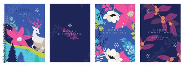 Obraz Set of modern Merry Christmas greeting cards with floral and winter elements. Vector illustration with deer, flowers, leaves, berries, snowflakes. Festive holiday design for posters, prints.
