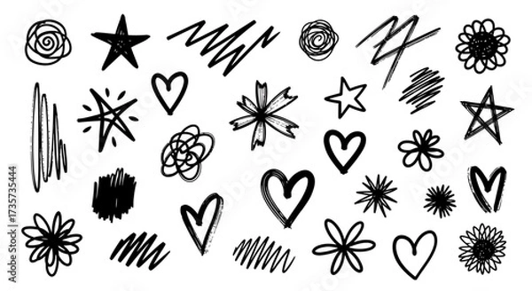 Fototapeta A collection of hand-drawn doodle elements including stars, hearts, flowers, and abstract scribbles.