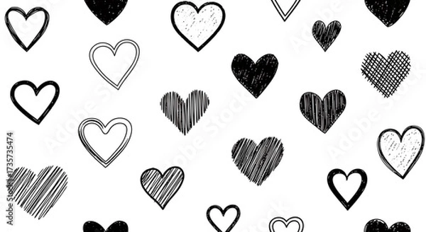 Fototapeta Seamless pattern of hand-drawn black and white hearts in various doodle and sketch styles on a white background.