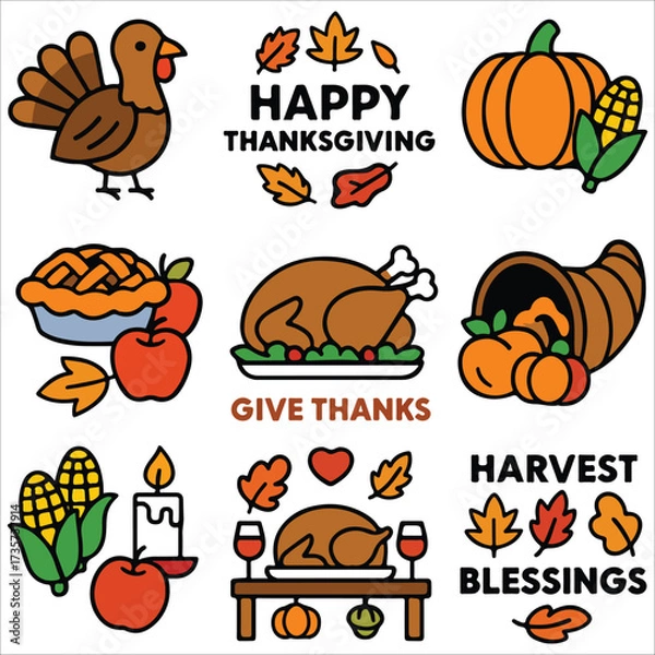 Fototapeta Colorful Thanksgiving Doodle Icon Set