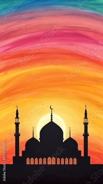 Fototapeta Silhouette of a grand mosque with minarets against a vibrant colorful sunset sky and a bright moon