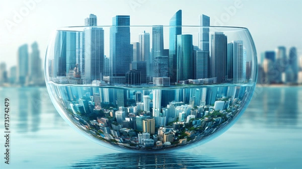 Fototapeta The metropolis inside a glass bowl of water symbolizes environmental problems and environmental protection.