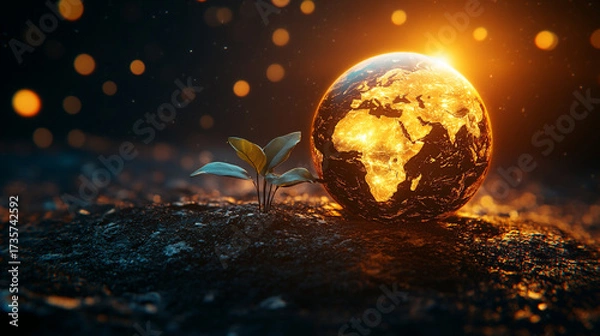 Fototapeta The sprout next to the shining globe of the Earth symbolizes ecology, rebirth and global warming.