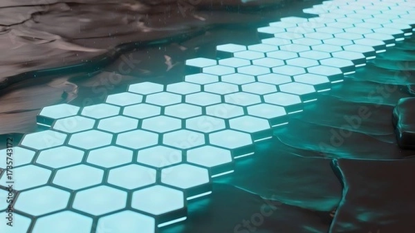 Fototapeta Futuristic glowing hexagonal pathway with reflections