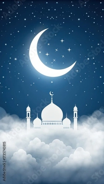 Fototapeta Mystical islamic mosque silhouette glowing brightly above soft clouds under a starry night sky with a crescent moon