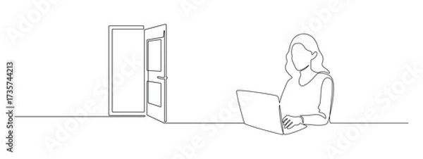 Fototapeta Woman with laptop computer in one continuous line drawing. Female user with opened door on background in simple linear style. Hope concept in Editable stroke. Doodle vector illustration