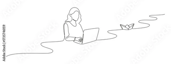 Fototapeta Woman with laptop computer in one continuous line drawing. Female user with paper boat for leadership concept in simple linear style. Paperboat icon in Editable stroke. Doodle vector illustration