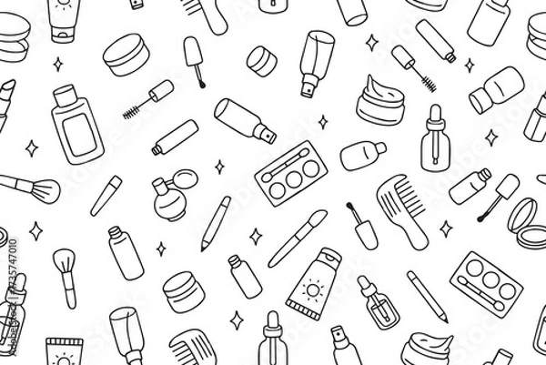 Fototapeta A seamless pattern of various makeup and skincare products, such as lipsticks, brushes, and creams. Ideal for the beauty, fashion, and cosmetics industries. Vector