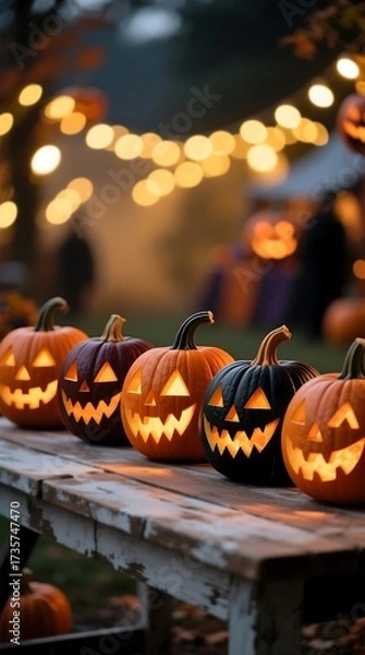 Fototapeta Illuminated Halloween Jack o lanterns on a Wooden Bench at Dusk