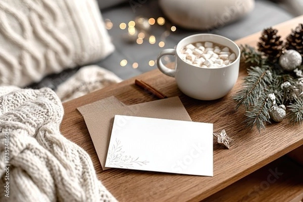 Fototapeta Christmas card mockup with envelope, cup of hot chocolate with marshmallows, pine cones and festive decorations
