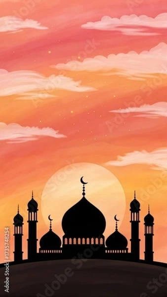 Fototapeta Silhouette of a grand mosque with multiple domes and minarets against a vibrant orange and pink sunset sky