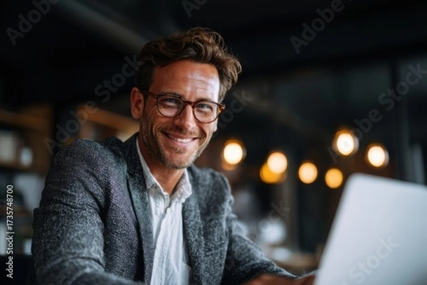 Fototapeta smiling young man working on a laptop in the office handsome, mature male businessman smiling while using his computer at his work desk.