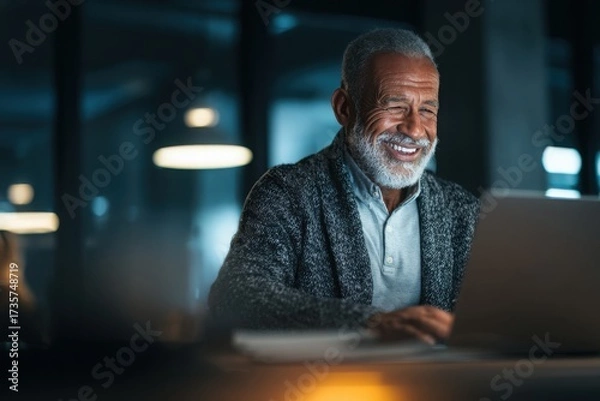 Fototapeta smiling young man working on a laptop in the office handsome, mature male businessman smiling while using his computer at his work desk.