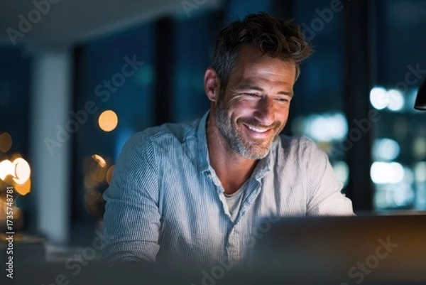Fototapeta smiling young man working on a laptop in the office handsome, mature male businessman smiling while using his computer at his work desk.