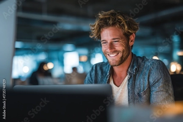 Fototapeta smiling young man working on a laptop in the office handsome, mature male businessman smiling while using his computer at his work desk.