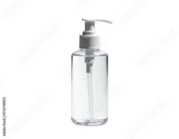 Fototapeta A clear, cylindrical plastic bottle with a white pump dispenser on a black background