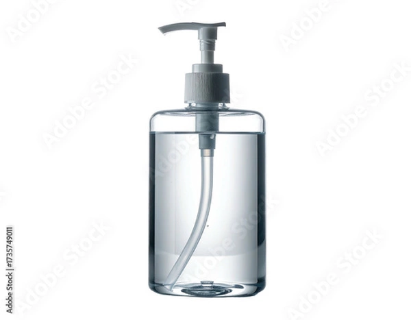 Fototapeta Clear liquid soap dispenser with a pump, transparent bottle on a black background