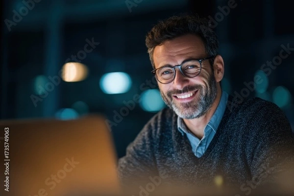 Fototapeta smiling young man working on a laptop in the office handsome, mature male businessman smiling while using his computer at his work desk.
