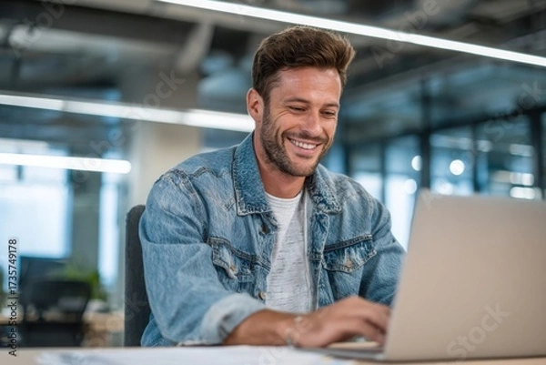 Fototapeta smiling young man working on a laptop in the office handsome, mature male businessman smiling while using his computer at his work desk.