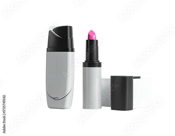 Fototapeta Cosmetics A pink lipstick and a container on a black background